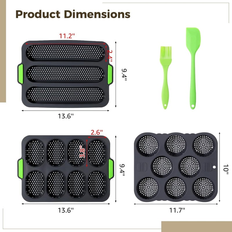 5 Pieces Silicone Baking Molds Set for French Bread, Includes 3-Grid Loaf Pan, 8-Grid Bun Pan, Non-Stick Tools with Scraper and Oil Brush for Home Bakery - Image 4