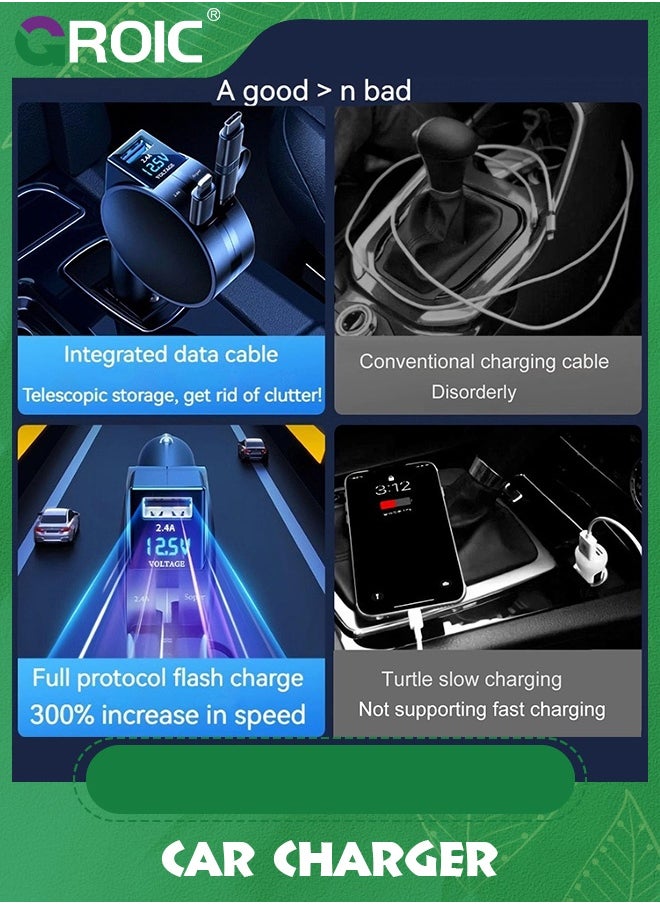GROIC - Ultra-Small Retractable Car Charger 60W,4 in 1 Retractable Phone Charger for Car Super Fast Car Charger with Retractable Cord X2 and USB A Charging Port,Car Phone Charger Adapter - Image 1