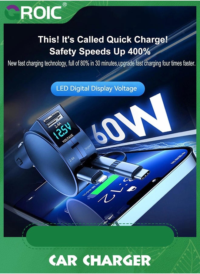 GROIC - Ultra-Small Retractable Car Charger 60W,4 in 1 Retractable Phone Charger for Car Super Fast Car Charger with Retractable Cord X2 and USB A Charging Port,Car Phone Charger Adapter - Image 1