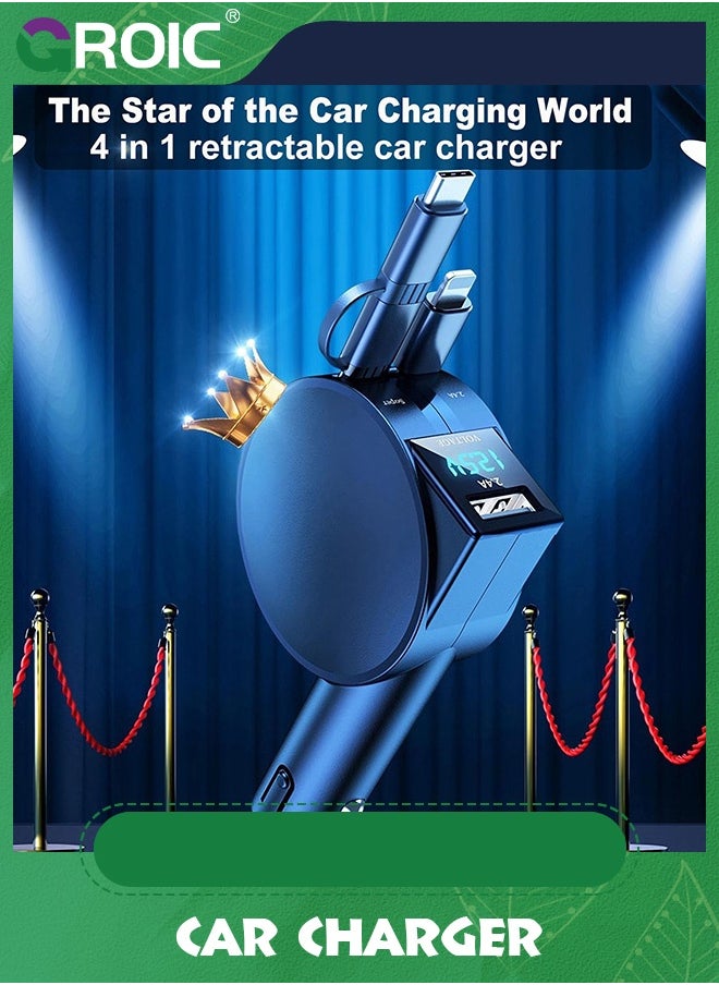 GROIC - Ultra-Small Retractable Car Charger 60W,4 in 1 Retractable Phone Charger for Car Super Fast Car Charger with Retractable Cord X2 and USB A Charging Port,Car Phone Charger Adapter - Image 1