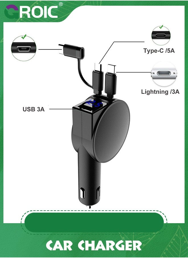 GROIC - Ultra-Small Retractable Car Charger 60W,4 in 1 Retractable Phone Charger for Car Super Fast Car Charger with Retractable Cord X2 and USB A Charging Port,Car Phone Charger Adapter - Image 1