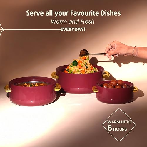 Selvel Elegance Royal Inner Steel Casserole Set of 3 (1700ml, 1200ml, 600ml)|BPA Free|Advanced P.U. Insulation|Keeps Food hot & Fresh Chapati, Roti, Biryani (Royal Maroon) - Image 3