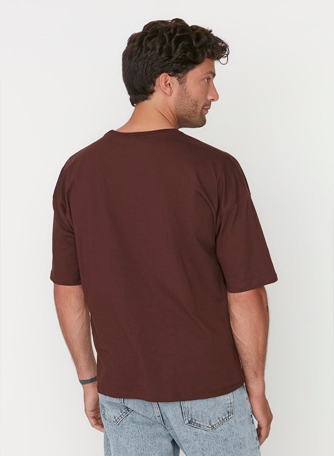 trendyol Brown Oversize/Wide Cut 100% Cotton Short Sleeve Basic T-Shirt - Image 3