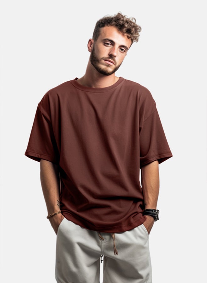 trendyol Brown Oversize/Wide Cut 100% Cotton Short Sleeve Basic T-Shirt - Image 1