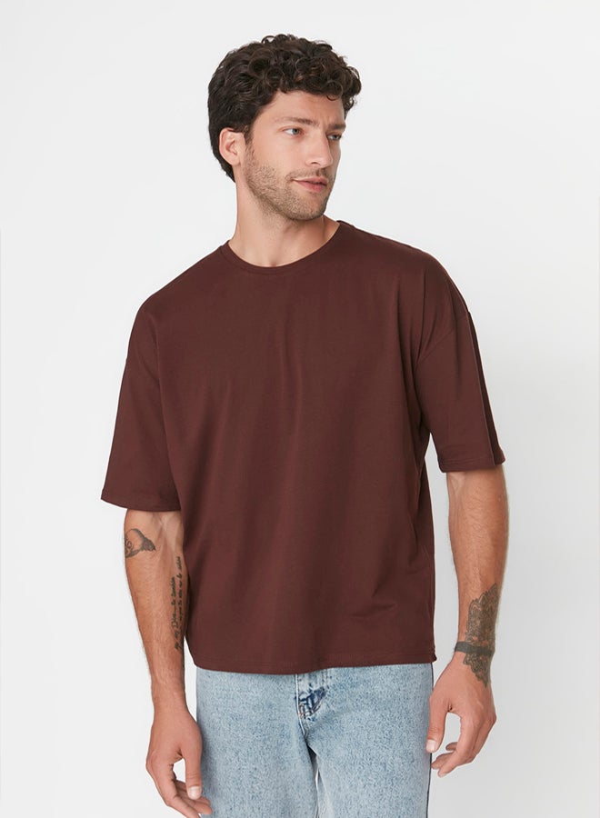 trendyol Brown Oversize/Wide Cut 100% Cotton Short Sleeve Basic T-Shirt - Image 4