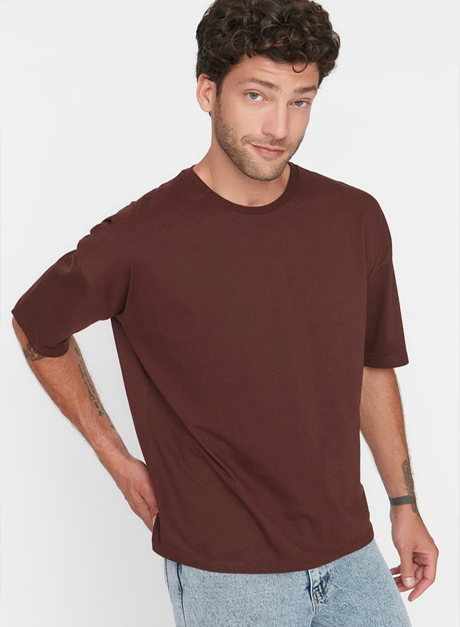 trendyol Brown Oversize/Wide Cut 100% Cotton Short Sleeve Basic T-Shirt - Image 5