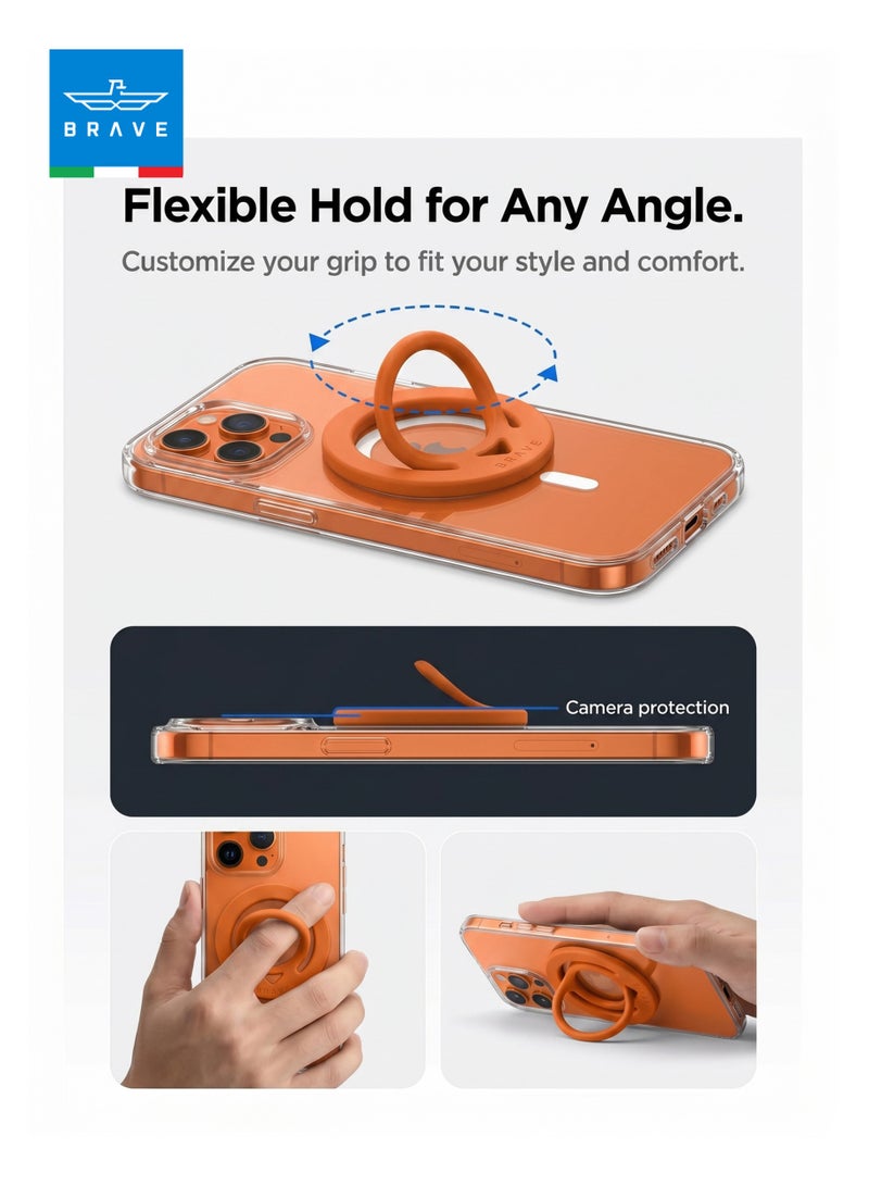Brave MagSafe Magnetic Ring Phone Holder | Dual-Sided Silicone Grip, Strong Magnetic Hold & Finger Ring, Wireless Charging Compatible | Durable Removable Magnetic Phone Grip for iPhone Air, 17/17 Pro/17 Pro Max, 16, 15, 14, 13, 12, Samsung Galaxy S26/S25/S24/S23/S22 & Phones with Metal Plate | Orange - Image 5