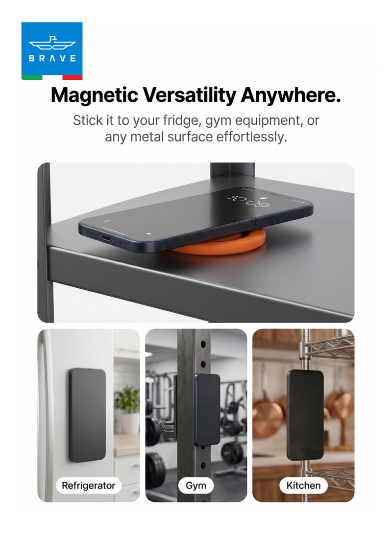 Brave MagSafe Magnetic Ring Phone Holder | Dual-Sided Silicone Grip, Strong Magnetic Hold & Finger Ring, Wireless Charging Compatible | Durable Removable Magnetic Phone Grip for iPhone Air, 17/17 Pro/17 Pro Max, 16, 15, 14, 13, 12, Samsung Galaxy S26/S25/S24/S23/S22 & Phones with Metal Plate | Orange - Image 3