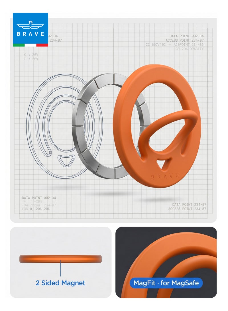 Brave MagSafe Magnetic Ring Phone Holder | Dual-Sided Silicone Grip, Strong Magnetic Hold & Finger Ring, Wireless Charging Compatible | Durable Removable Magnetic Phone Grip for iPhone Air, 17/17 Pro/17 Pro Max, 16, 15, 14, 13, 12, Samsung Galaxy S26/S25/S24/S23/S22 & Phones with Metal Plate | Orange - Image 4