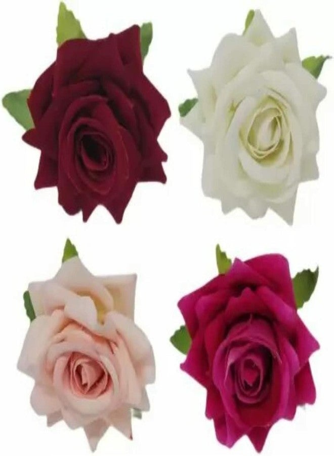 Blubby Artificial Rose Flowers Hair Clips/Pins Set - Reusable Wedding and Party Hair Accessories for Women and Girls, Pack of 4 (Red, Maroon, Light Pink, White) - Image 2