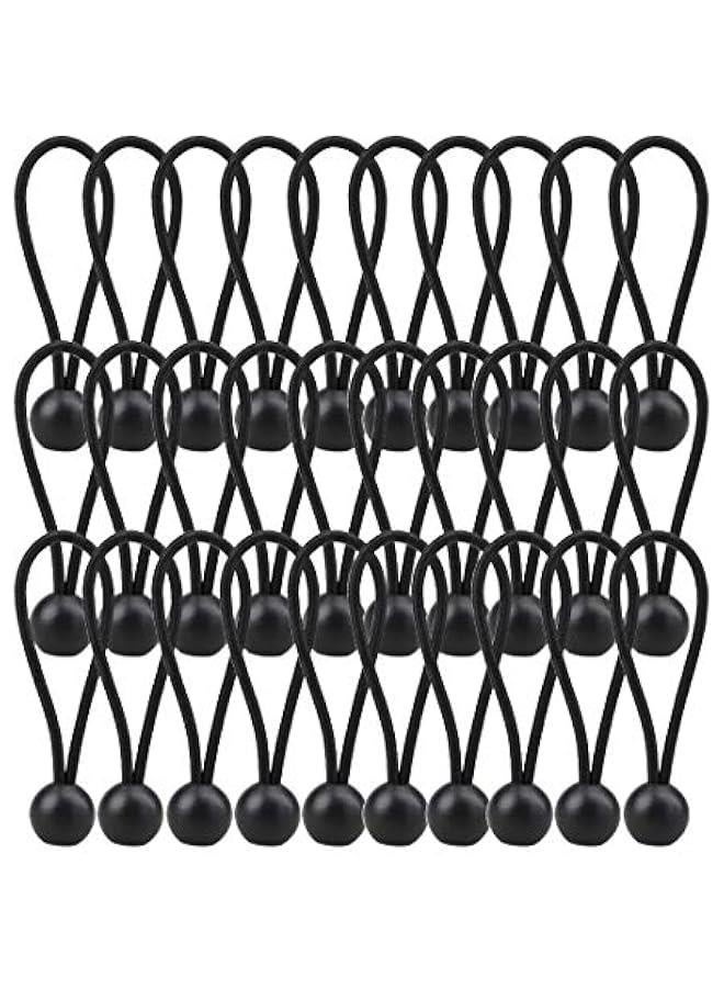 30 Pack Bungee Balls, Black Ball Bungee Heavy Duty Heavyweight 4 inches Tarp Bungee Cords, Weather Resistant Tie Down Strap 4mm Thickness - for Camping, Tents, Cargo, Holding Wire and Hoses