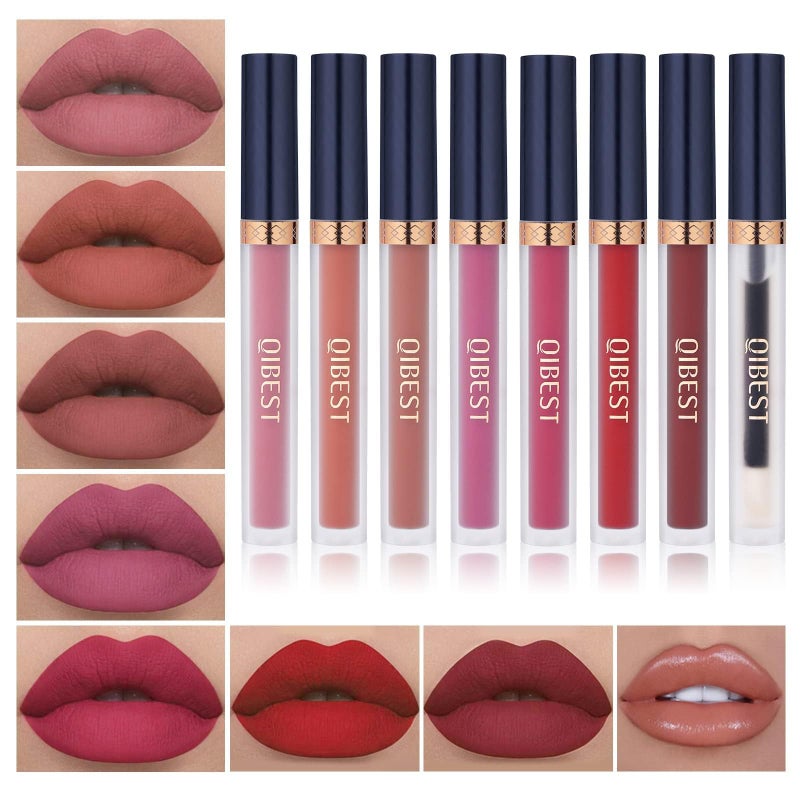 QiBest 7Pcs Matte Liquid Lipstick + 1Pcs Lip Plumper Makeup Set Kit, Pigmented Long Lasting Lip Gloss Set, Velvet Waterproof Halloween Lip Makeup Valentine's Gift Sets for Girls and Women - Image 1