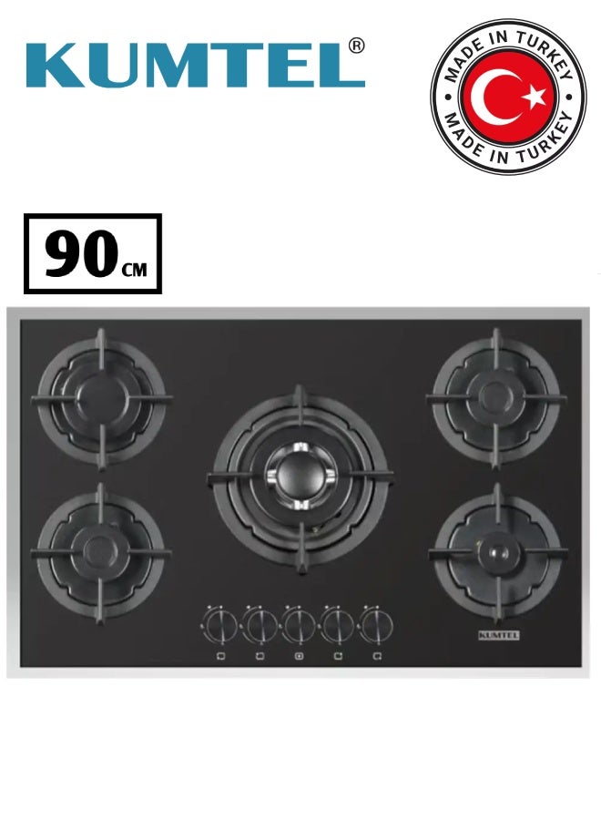 Kumtel Built-in Gas Hob – 5 Burners | 90 cm | Black Glass Heavy Cast (Model: C9-50BTFH)