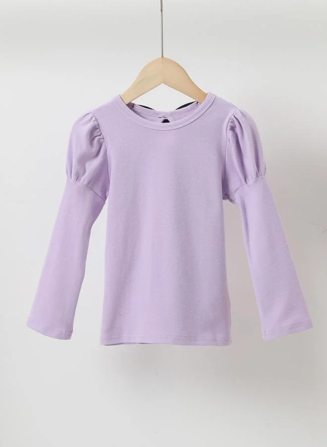 Take Two Girls Solid Round Neck Puff Sleeve Top