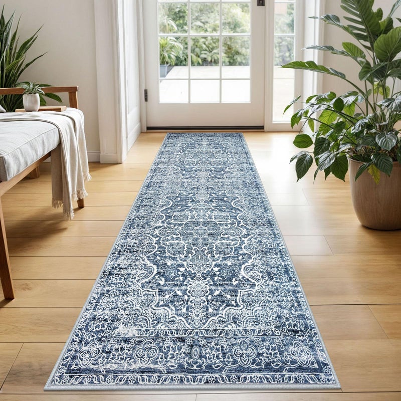KUTA Vintage Washable Runner Rug, 2x5 Runners Non-Slip Blue White 5ft Hallway Kitchen Rugs Ultra Soft Printed Floral Distressed Tribal Farmhouse Carpet for Bedroom Entryway Decor - Image 1