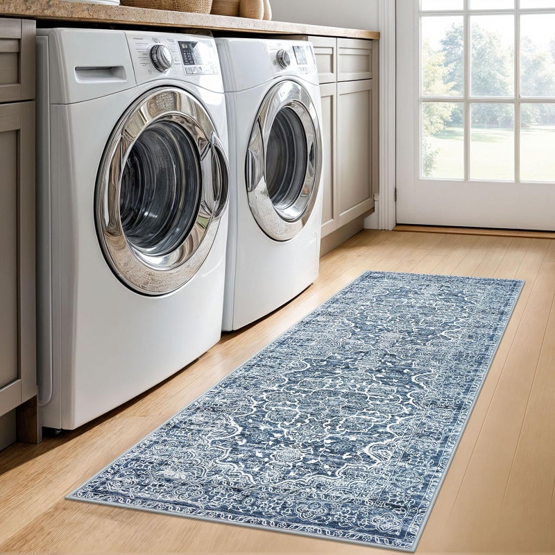 KUTA Vintage Washable Runner Rug, 2x5 Runners Non-Slip Blue White 5ft Hallway Kitchen Rugs Ultra Soft Printed Floral Distressed Tribal Farmhouse Carpet for Bedroom Entryway Decor - Image 3