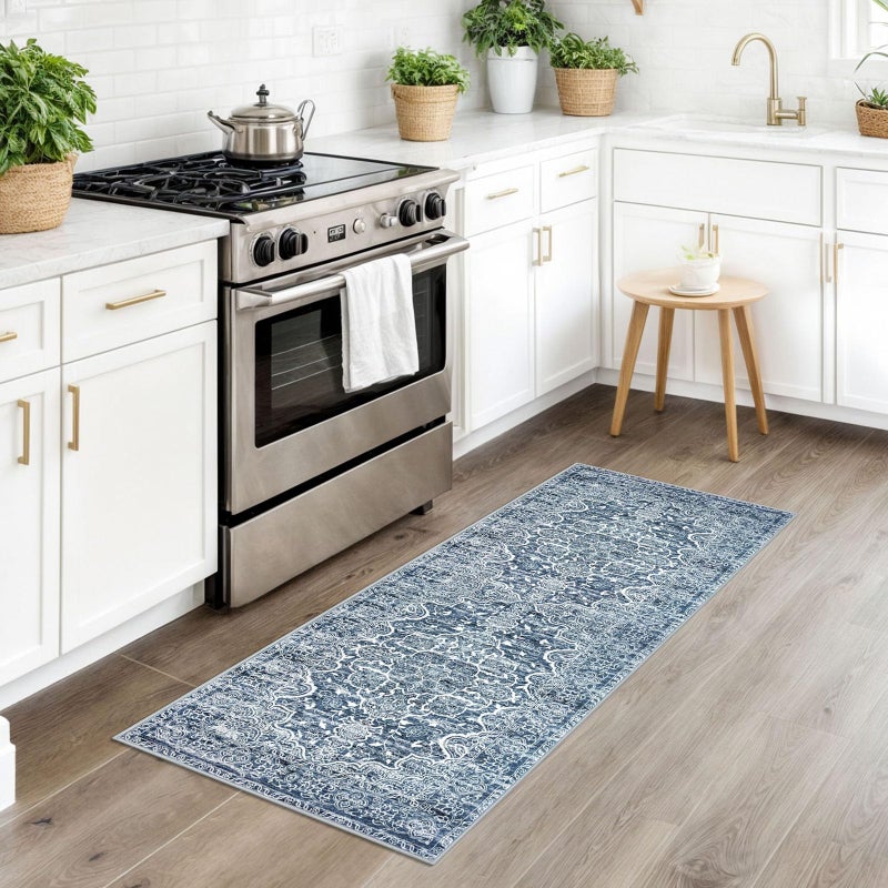 KUTA Vintage Washable Runner Rug, 2x5 Runners Non-Slip Blue White 5ft Hallway Kitchen Rugs Ultra Soft Printed Floral Distressed Tribal Farmhouse Carpet for Bedroom Entryway Decor - Image 2