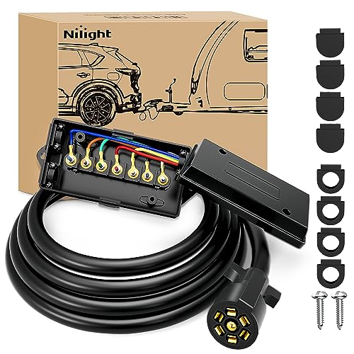 Nilight Heavy Duty 7 Way Inline Trailer Plug 8 Feet Connector Cable 7Pin RV Round Extension Wiring Harness Weatherproof Junction Box for RV Towing Car - Image 1