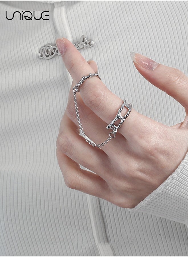 Unique - Rings - Two Fingers Rings - Irregular Texture Design - Chain Rings - Adjustable Open Loops Expandable joint loops for ladies and girls - Image 1