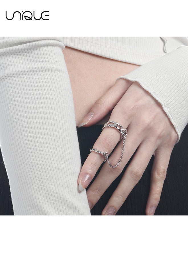 Unique - Rings - Two Fingers Rings - Irregular Texture Design - Chain Rings - Adjustable Open Loops Expandable joint loops for ladies and girls - Image 1