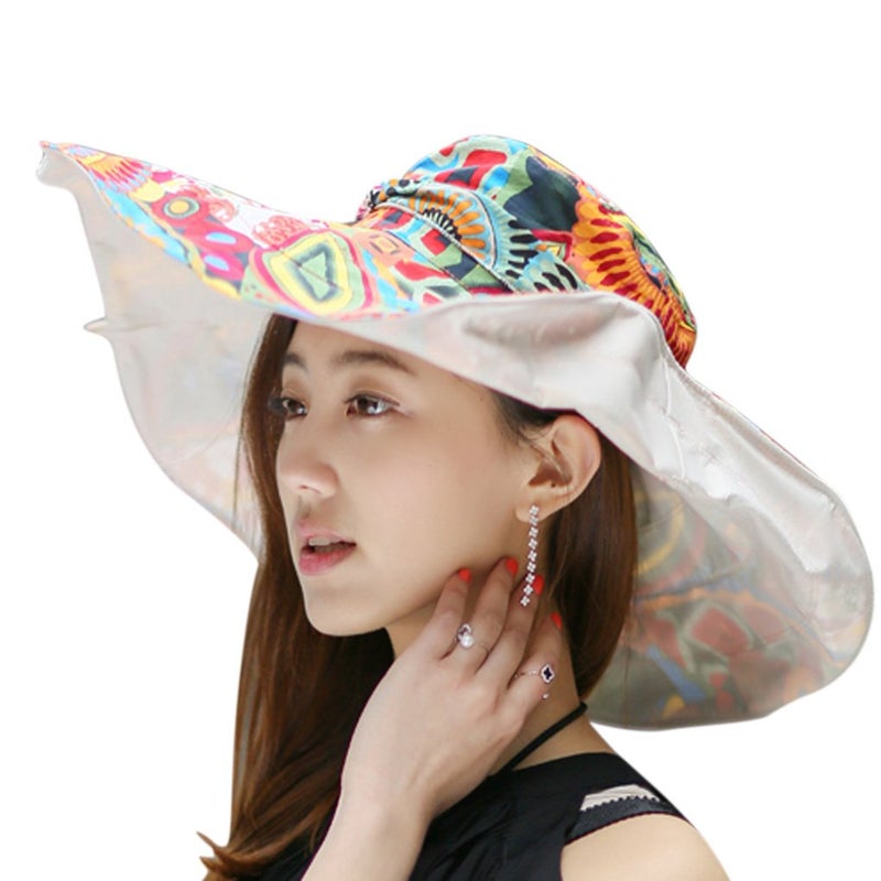 Fakeface Women's Foldable Floppy Reversible Travel Beach Sun Visor Hat Wide Brim UPF 50+ Beige - Image 1