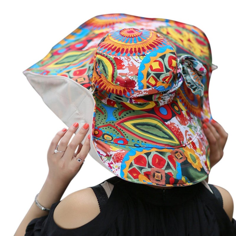 Fakeface Women's Foldable Floppy Reversible Travel Beach Sun Visor Hat Wide Brim UPF 50+ Beige - Image 2