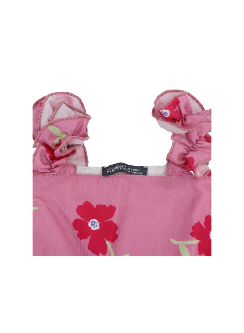 Pompelo Girls Cotton Dress – Pink with Flowers Print - Image 1