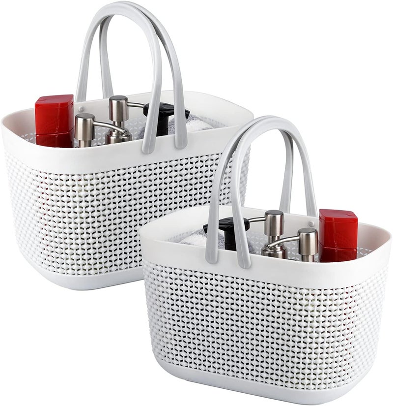 UUJOLY Portable Shower Caddy Basket Tote, Plastic Storage Basket with Handles Organizer Bins for Kitchen Bathroom College Dorm, White 2 Pack - Image 1