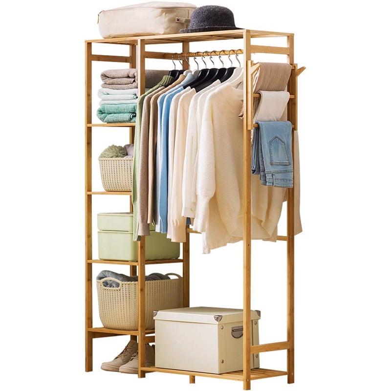 U-Fine Ufine Bamboo Garment Rack 6 Tier Storage Shelves Clothes Hanging Stand with Side Hooks, Heavy Duty Clothing Rack Portable Wardrobe Closet Organizer - Image 1