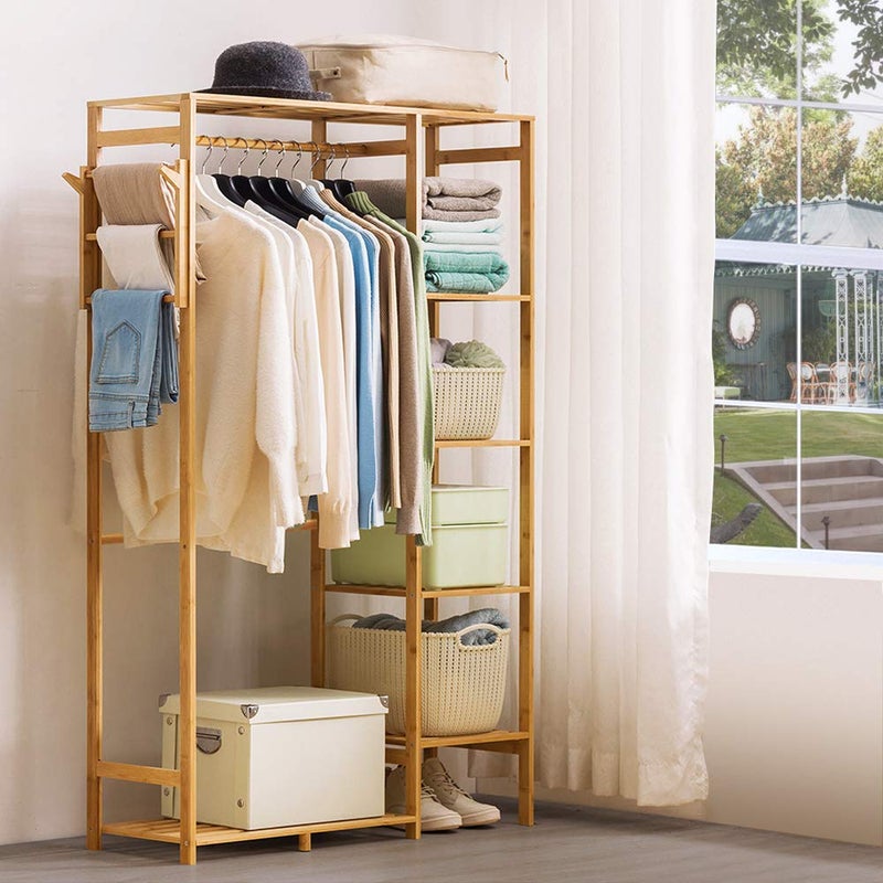U-Fine Ufine Bamboo Garment Rack 6 Tier Storage Shelves Clothes Hanging Stand with Side Hooks, Heavy Duty Clothing Rack Portable Wardrobe Closet Organizer - Image 3