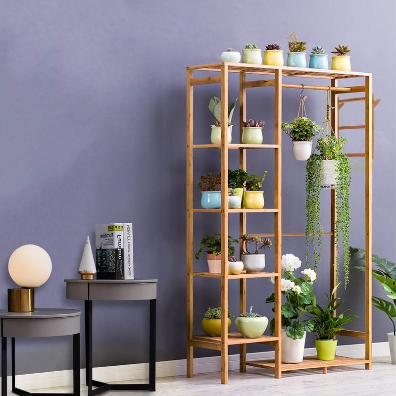 U-Fine Ufine Bamboo Garment Rack 6 Tier Storage Shelves Clothes Hanging Stand with Side Hooks, Heavy Duty Clothing Rack Portable Wardrobe Closet Organizer - Image 4