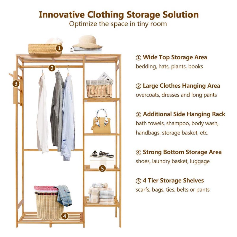 U-Fine Ufine Bamboo Garment Rack 6 Tier Storage Shelves Clothes Hanging Stand with Side Hooks, Heavy Duty Clothing Rack Portable Wardrobe Closet Organizer - Image 2