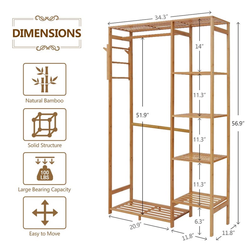 U-Fine Ufine Bamboo Garment Rack 6 Tier Storage Shelves Clothes Hanging Stand with Side Hooks, Heavy Duty Clothing Rack Portable Wardrobe Closet Organizer - Image 5