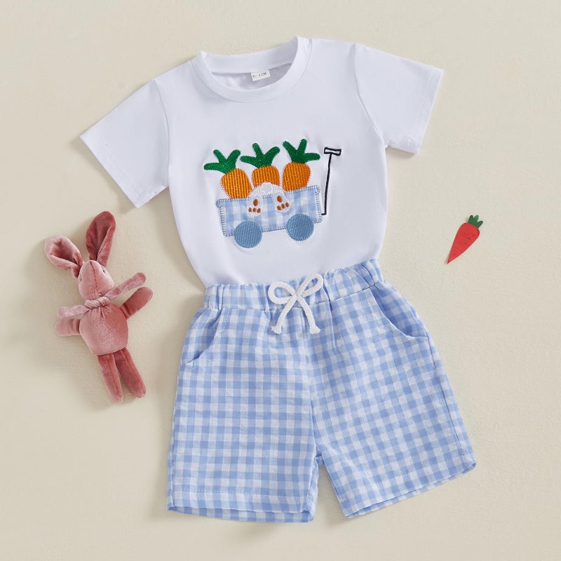 BemeyourBBs Toddler Baby Boy Easter Outfit Graph Short Sleeve T Shirt Elastic Waist Pockets Shorts Set 2 Piece Clothes Cart bunny carrot blue, 2-3T - Image 2