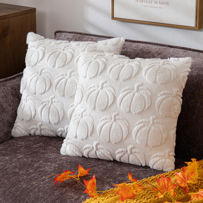 COSIBONO Pumpkin Fall Decorative Throw Pillow Covers 18x18 Set of 2 Cream White Soft Faux Fur Pillow Covers for Autumn Harvest Fluffy Plush Accent Pillow Cases for Farmhouse Couch Cushion Covers