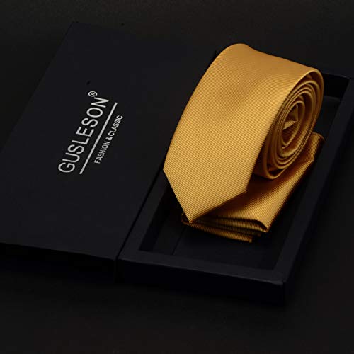 GUSLESON 2.4" Slim Necktie and Handkerchief Set For Men Solid Skinny Tie Brooch Set (Goldenrod) - Image 3