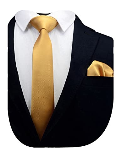 GUSLESON 2.4" Slim Necktie and Handkerchief Set For Men Solid Skinny Tie Brooch Set (Goldenrod) - Image 5