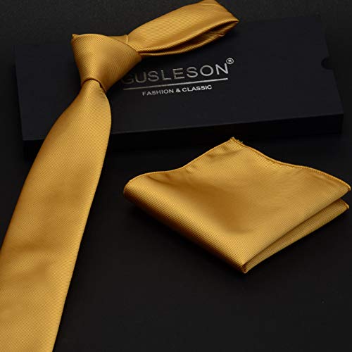 GUSLESON 2.4" Slim Necktie and Handkerchief Set For Men Solid Skinny Tie Brooch Set (Goldenrod) - Image 2