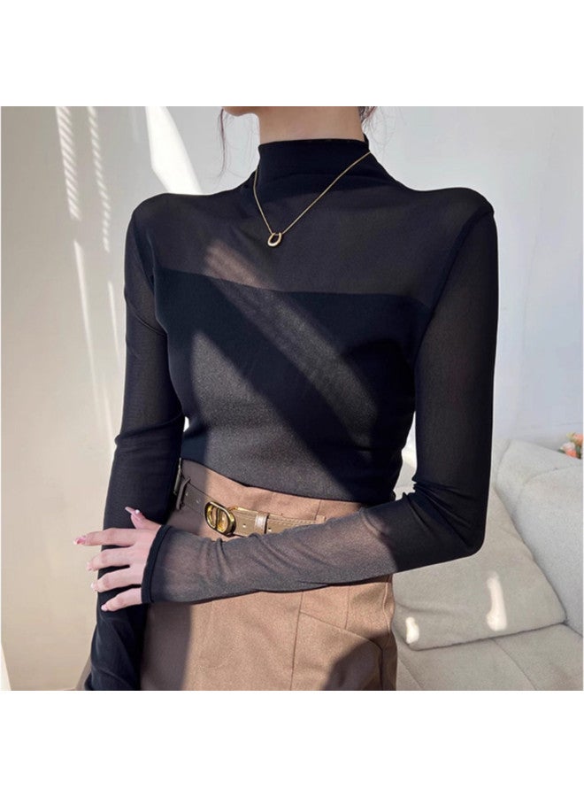 Modal Semi-High Collar Mesh Panel Black Women'S Long-Sleeve Base Layer Shirt, Autumn And Winter Style T-Shirt, Versatile For Layering Or Outerwear, Premium Feel Top - Image 4
