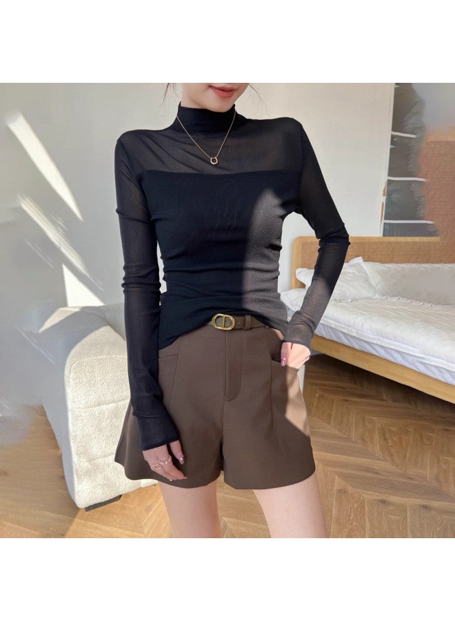 Modal Semi-High Collar Mesh Panel Black Women'S Long-Sleeve Base Layer Shirt, Autumn And Winter Style T-Shirt, Versatile For Layering Or Outerwear, Premium Feel Top - Image 3