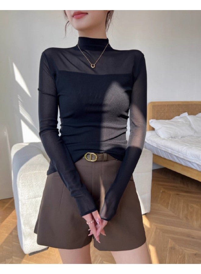 Modal Semi-High Collar Mesh Panel Black Women'S Long-Sleeve Base Layer Shirt, Autumn And Winter Style T-Shirt, Versatile For Layering Or Outerwear, Premium Feel Top - Image 1