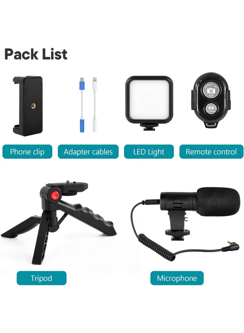 Complete Vlogging Kit for iPhone & Android – Tripod Stand, LED Video Light, Cardioid Microphone, Phone Clip – Perfect for Live Streaming, Video Calls & YouTube - Image 3