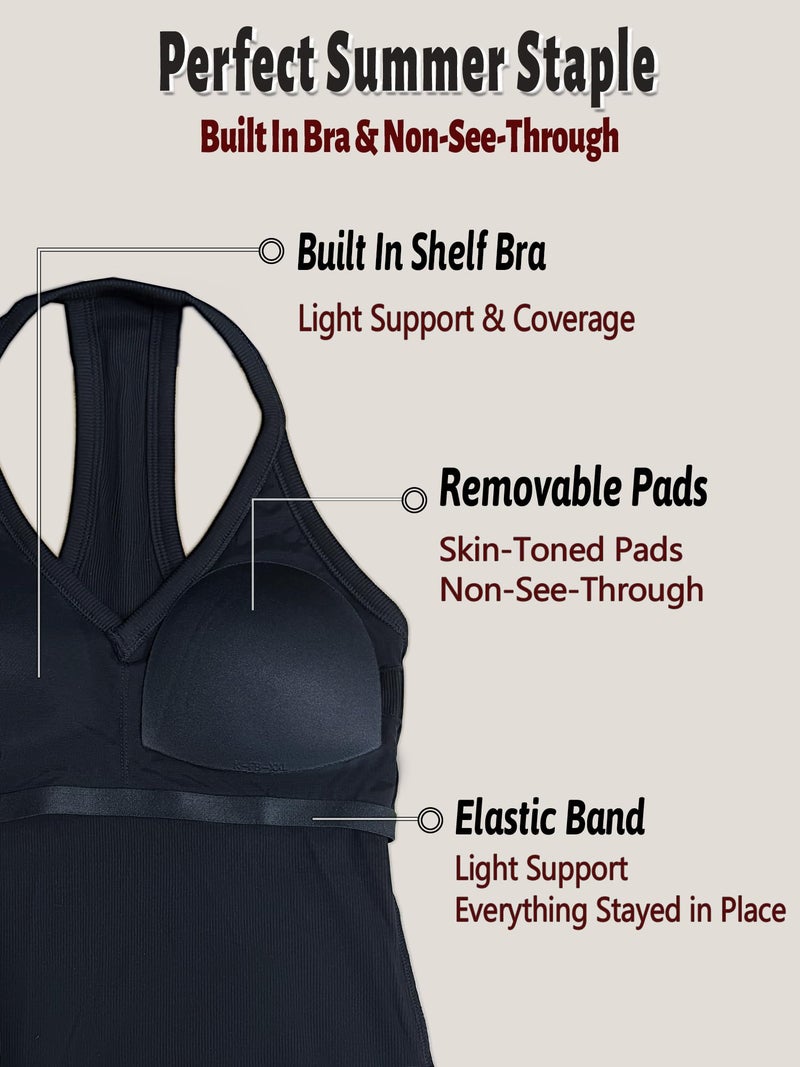 Danysu V Neck Racerback Built-in Bra Tank Tops for Women Trendy Cotton Ribbed Basic Halter Top Black XS - Image 4
