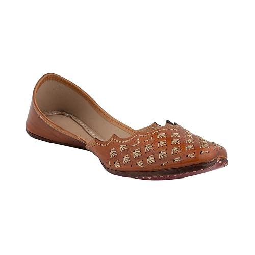 KORAKARI Women's Genuine Leather Traditional Ethnic Zendaya Handmade Punjabi Jutti, Leather Flat Comfortable Mojaris for Girls (Size: UK5, Tan) - Image 1