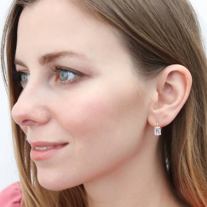 BERRICLE Yellow Gold Flashed Sterling Silver Solitaire Leverback Drop Dangle Earrings for Women 2.4 Carat Emerald Cut Cubic Zirconia CZ - Image 3