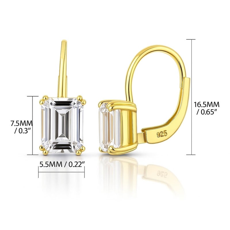 BERRICLE Yellow Gold Flashed Sterling Silver Solitaire Leverback Drop Dangle Earrings for Women 2.4 Carat Emerald Cut Cubic Zirconia CZ - Image 2