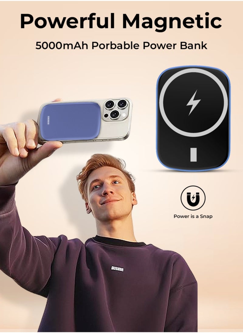 glassology - Mini Magsafe Power Bank 5000mAh USB C Ultra Small Portable Charger PD QC3.0 Fast Charge Battery Pack External Battery Compatible with iPhone, Samsung, Tablets, and More Blue - Image 1
