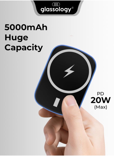 Mini Magsafe Power Bank 5000mAh USB C Ultra Small Portable Charger PD QC3.0 Fast Charge Battery Pack External Battery Compatible with iPhone, Samsung, Tablets, and More Blue