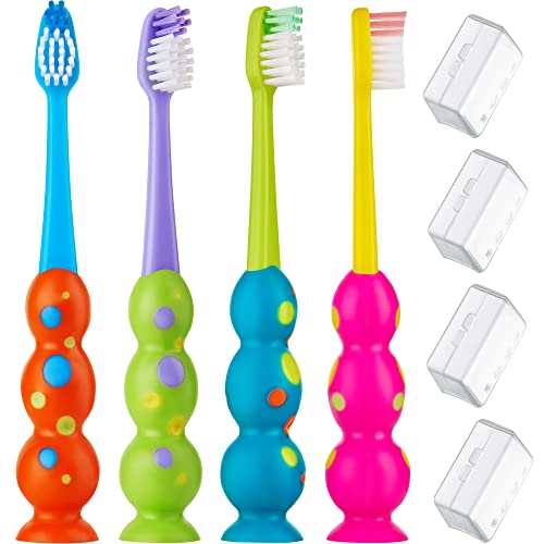 Kids Toothbrush 4 Pack Soft Bristles with Suction Cup Toothbrush Kids Child Sized Brush Heads 310 Year Old Kid Toothbrush with Easy Storage Toddler Girl and Boy Set 4Pack MultiColor