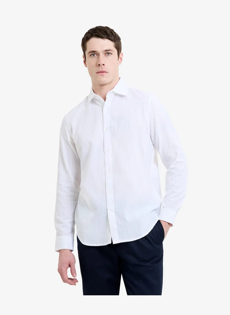 French Connection Men's White Ls Seersucker Pinstripe Shirt